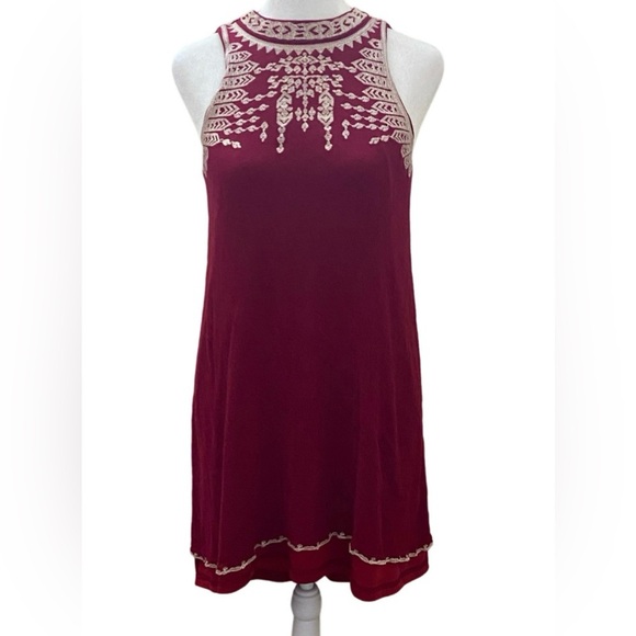 Alya Elegant Dark Red Embroidered Sleeveless Halter Dress. Tie back. Size XS. - Picture 1 of 11